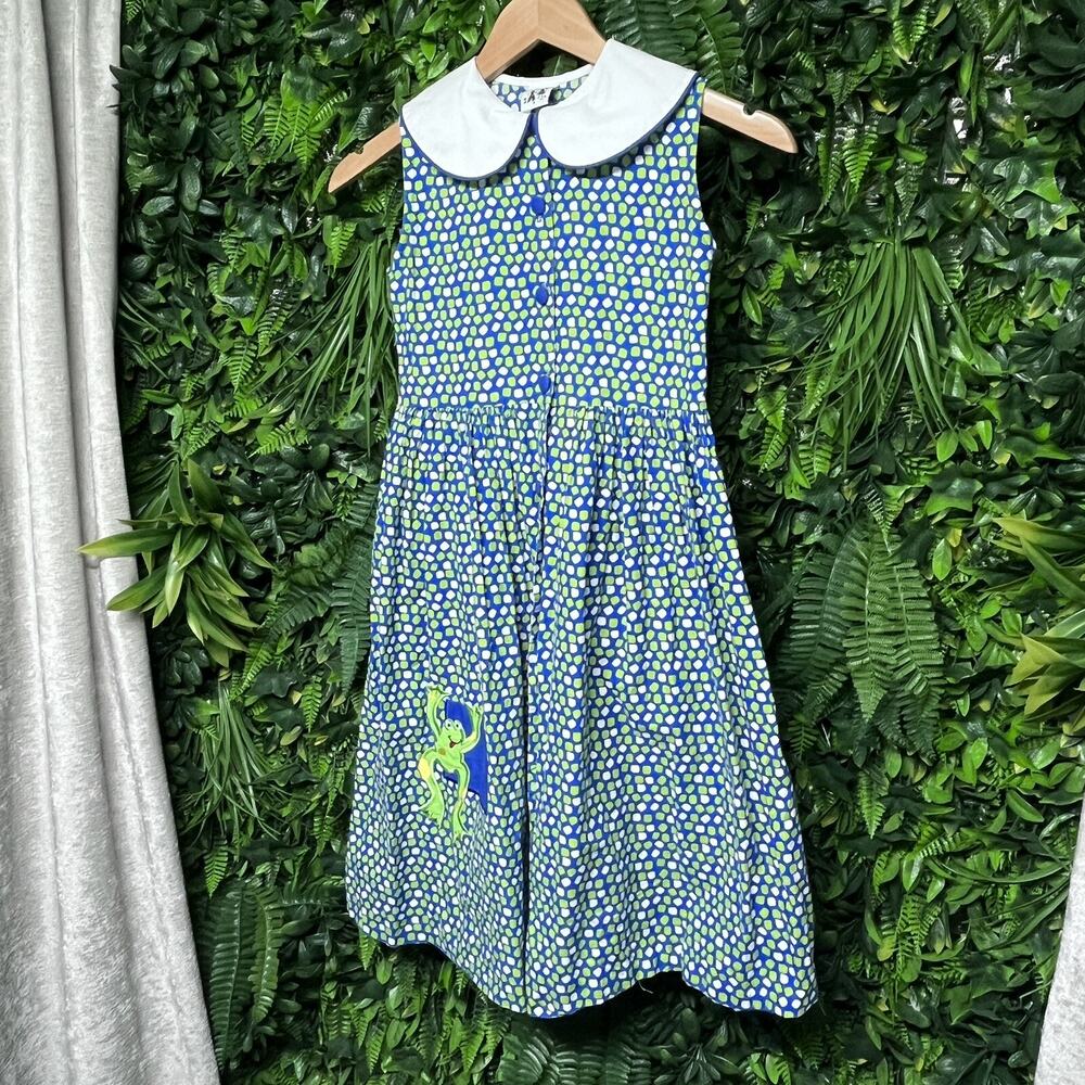 VTG AUSTIN & ASHLEY Dress Blue 8 Button Collared Dotted Frog Embroidered 2673 - Picture 2 of 6